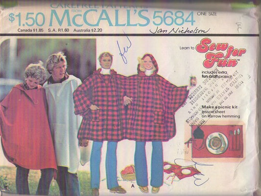 McCall's 5684 Vintage 70's Sewing Pattern Sew for Fun Oversized Sports Poncho For One OR TWO PEOPLE, Cape, Picnic Kit Crafts One Size