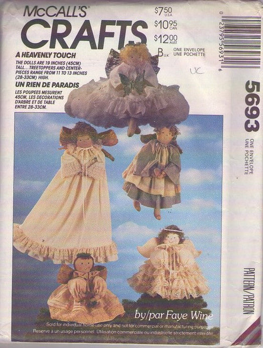 McCall's 5693 Vintage 90's Sewing Pattern Holiday Crafts, Heavenly Touch Angels, Angel Folk Doll or Christmas Tree Topper Multi Size