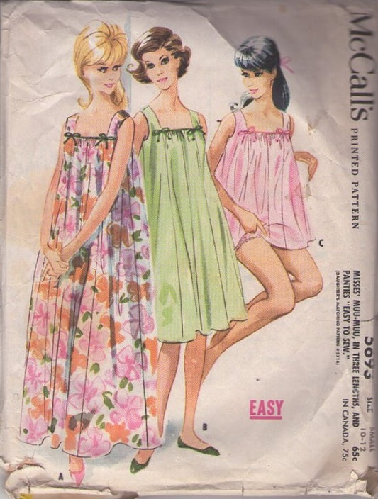 McCall's 5693 Vintage 60's Sewing Pattern Easy Sweeping MuuMuu Gown, Nightgown, Shortie Pajamas, Panties, Tent Dress Size M 14-16