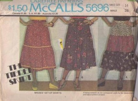 McCall's 5696 Vintage 70's Sewing Pattern Boho Skirts, Farmcore Cottagecore, The Tiered Skirt Bohemian Gypsy Festival Prairie Skirt 1, 2, 3 Tiers Flared Size 14