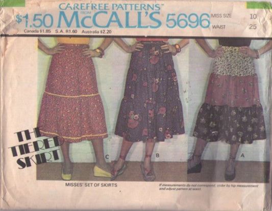 McCall's 5696 Vintage 70's Sewing Pattern Boho Skirts, Farmcore Cottagecore, The Tiered Skirt Bohemian Gypsy Festival Prairie Skirt 1, 2, 3 Tiers Flared Size 10