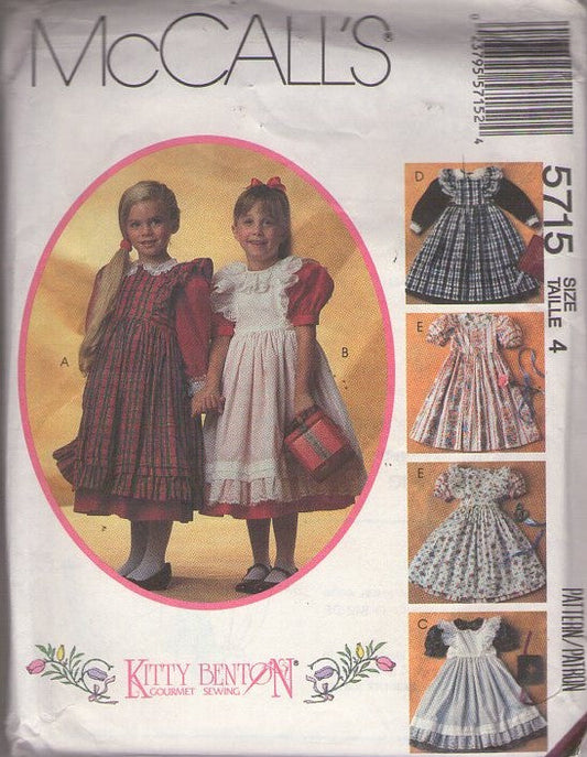 McCall's 5715 Vintage 90's Sewing Pattern Girls' Dress Set, Kitty Benton Gourmet Sewing, Girls' Fancy Modest, Old Fashioned Cottagecore School Dress Set, Pinafore Apron 5 Styles Size 4
