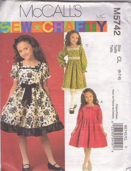 McCall's 5742 Retro 2008 Sewing Pattern Girls' Party Dress Set, Sew Crafty Cottagecore Flared Skirt, Lace Trim Dresses, 3 Styles Size 6-8