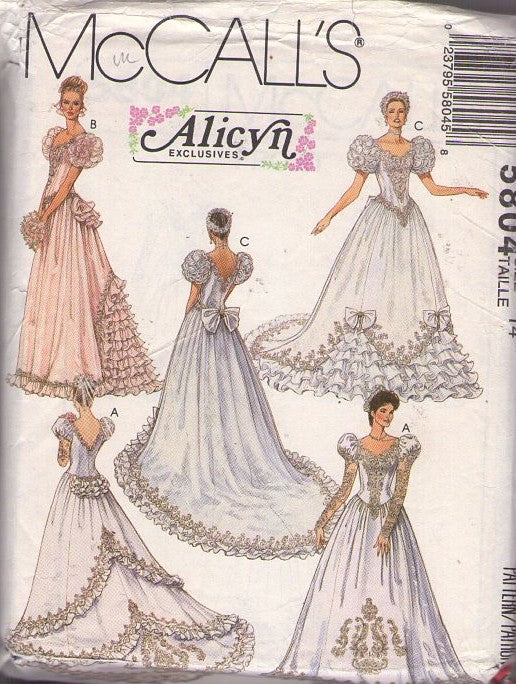 McCall's 5804 Vintage 90's Sewing Pattern Bridal Gowns, Alicyn Exclusives, Bouffant Wedding Dress, Bustle Back Ruffle Flounces, Basque Waist, Puff Sleeves Bridal Gown Set 3 Styles Size 14