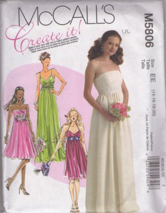 McCall's 5806 Retro 2009 Sewing Pattern Formal Gowns, Create It, Strapless or Strappy Halter Empire Waist Prom Gown, Party Dress, Beach Wedding or Night On The Town Styles Size 14-20