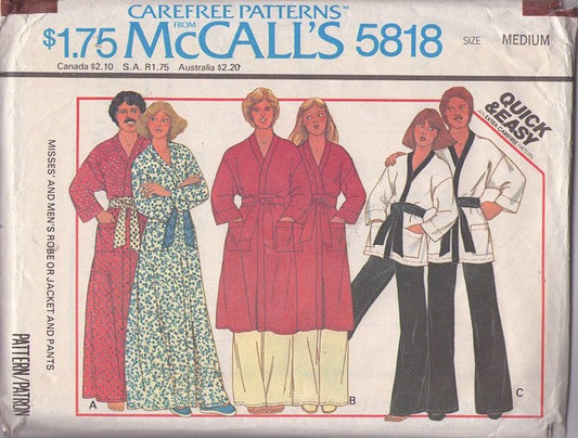 McCall's 5818 Vintage 70's Sewing Pattern Wrap Robes, Mens' & Womens' Karate Wrap Tunic Top & Pants, Matching His & Hers Bathrobe, Robes & Tie Belts Size XS