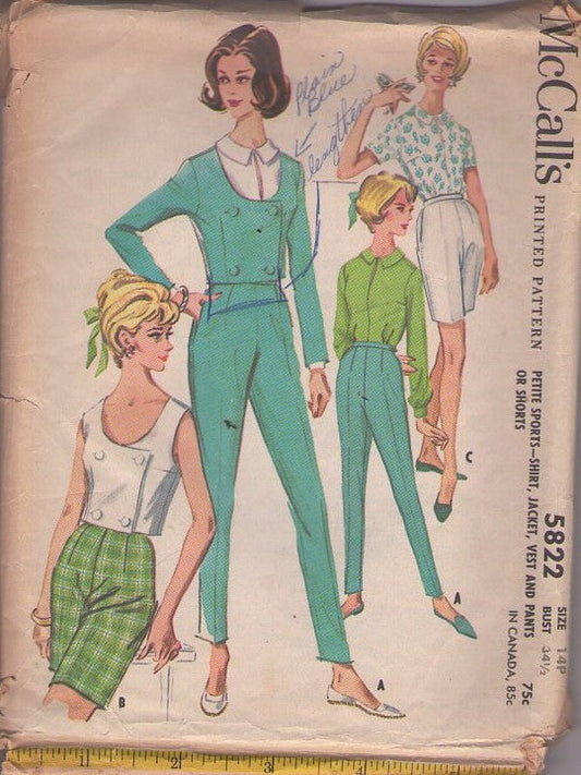 McCall's 5822 Vintage 60's Sewing Pattern Rockabilly Separates, Scoop Neck Vest, Jacket Top, Collared Blouse, Modest Walking Shorts, Cigarette Pants Size 14P