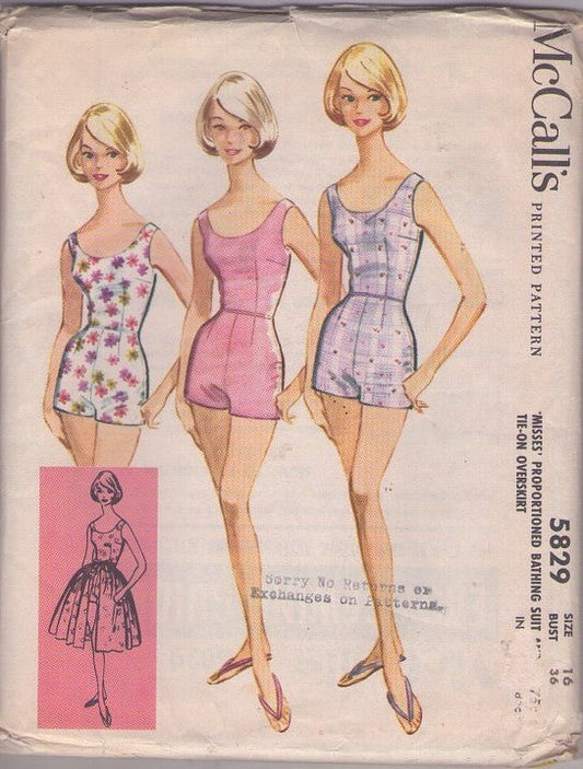 McCall's 5829 Vintage 60's Sewing Pattern Swimsuit Set, Pinup Girl, Rockabilly Scoop Neck Proportioned Bathing Suit, Playsuit, Tie On Overskirt Skirt Size 16
