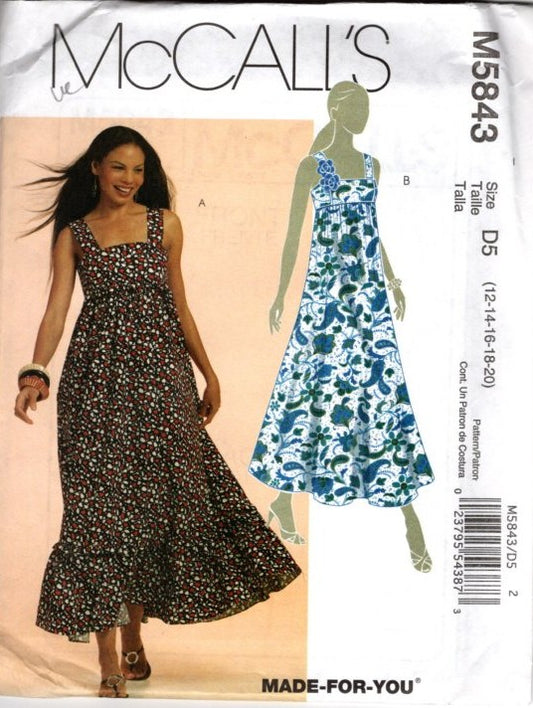 McCall's 5843 Retro 2009 Sewing Pattern Empire Midi Sun Dress, Boho Cottagecore Sundress, 2 Styles Size 12-20