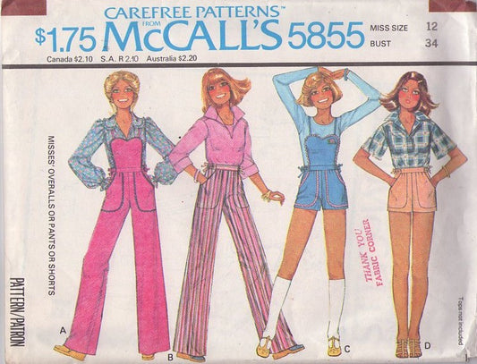 McCall's 5855 Vintage 70's Sewing Pattern Heart Shaped Bib Overalls, Cargo Pockets Romper, Side Ties Pants, Shorts Size 8