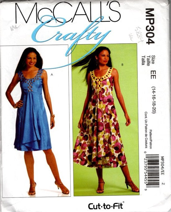 McCall's 5884 P304 Retro 2009 Sewing Pattern Crafty Dress, Faux Wrap, Cascade Skirt Summer Sun Dress, Embellished Sundress Size 14-20