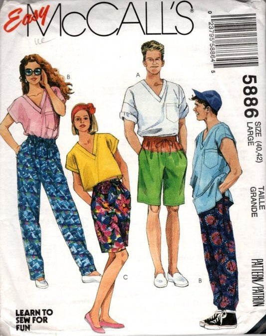 McCall's 5886 Vintage 90's Sewing Pattern Easy Unisex Swim Shorts, Trunks, Drawstring Surfer Pants, Jams, Size L