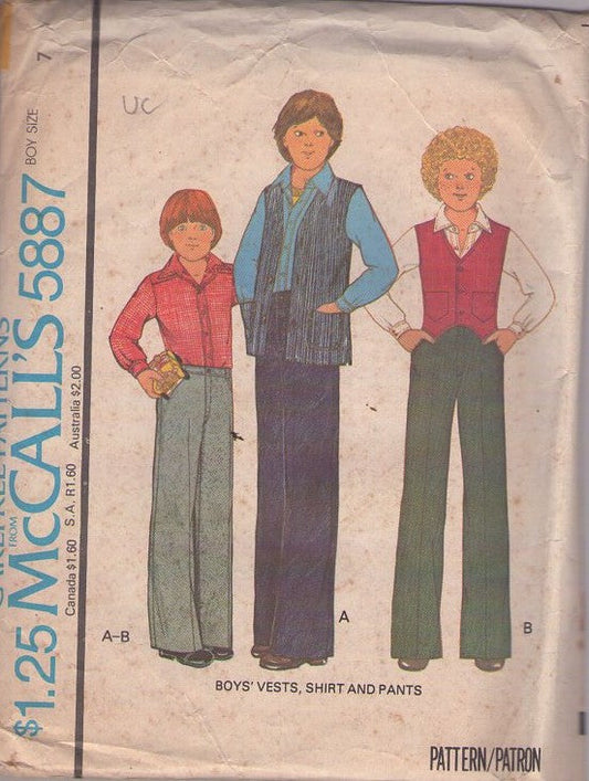 McCall's 5887 Vintage 70's Sewing Pattern Boys' Separates, Napolean Dynamite Brady Fly Front Jeans, Pants, Vest Jacket & Dress Shirt Size 7