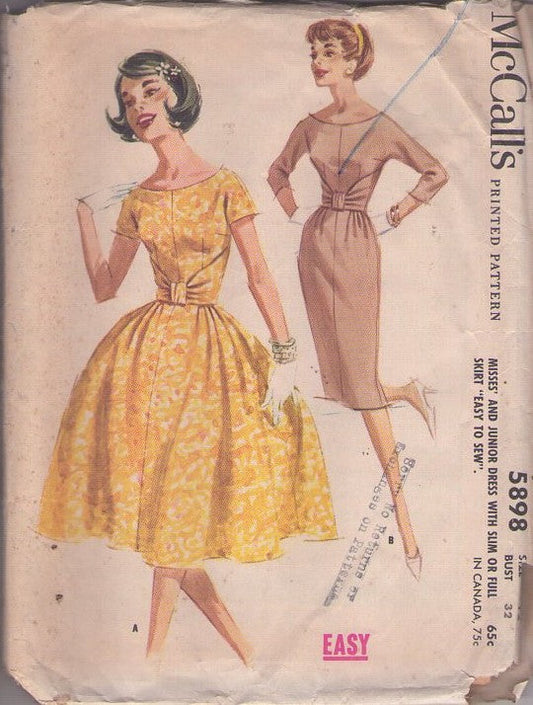 McCall's 5898 Vintage 60's Sewing Pattern Cocktail Dress Set, Rockabilly Sheath or Full Skirt, Easy to Sew, Waist Treatment Size 12