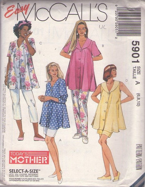 McCall's 5901 Vintage 90's Sewing Pattern Easy Separates, Bump Friendly Separates, Full Flared Tent Back Shirt, Top, Blouse, Shorts & Capri or Tapered Leg Pants Size 6-10