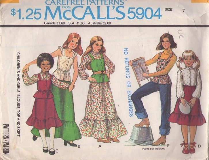 McCall's 5904 Vintage 70's Sewing Pattern Girls' Boho Separates, Bohemian Era Granny Skirt with HUGE Ruffle Flounce, Summer Camisole Blouse, Eyelet Top Mix & Match Size 7