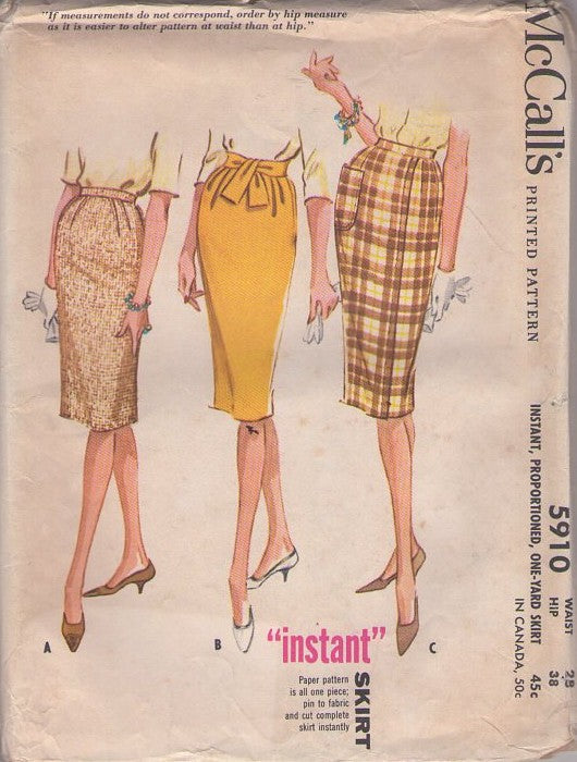 McCall's 5910 Vintage 60's Sewing Pattern Easy Skirts, Instant Secretary Slim Fit Pencil Skirt, 3 Styles Waist 28