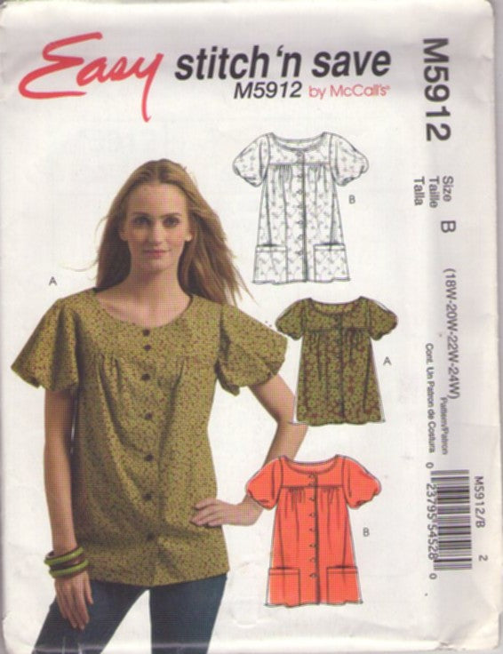 McCall's 5912 Retro 2009 Sewing Pattern Peasant Tops, Easy Stitch N Save Puff Sleeve Button Front Blouse Set Size 18W-24W