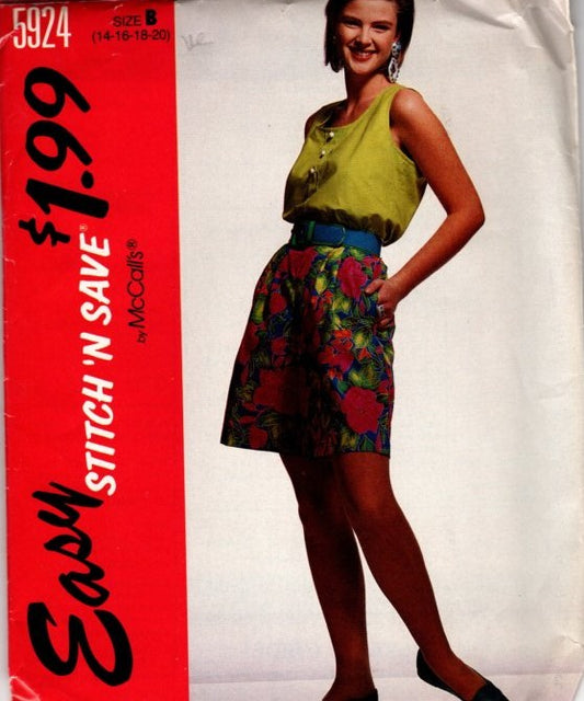 McCall's 5924 Vintage 90's Sewing Pattern Easy Stitch N Save Tank Top, Modest Shorts Size 14-20