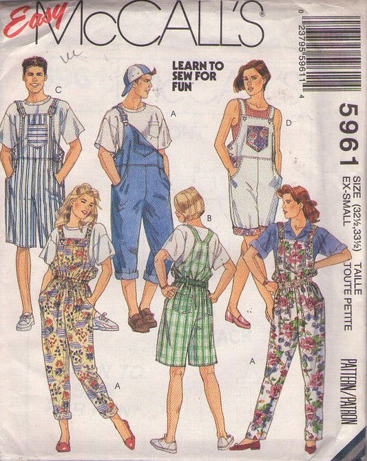 McCall's 5961 Vintage 90's Sewing Pattern Easy Overalls, Coveralls, Jumpsuit, Romper for Men or Women, Oversized, Easy Learn to Sew For Fun Size XS