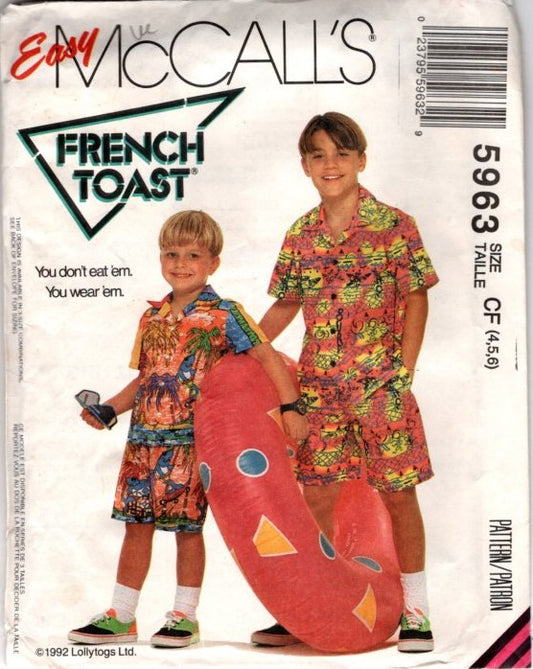 McCall's 5963 Vintage 90's Sewing Pattern Boys' Hawaiian Camp Shirt, Surfer Jam Shorts, French Toast by Lollytogs Size 7-10