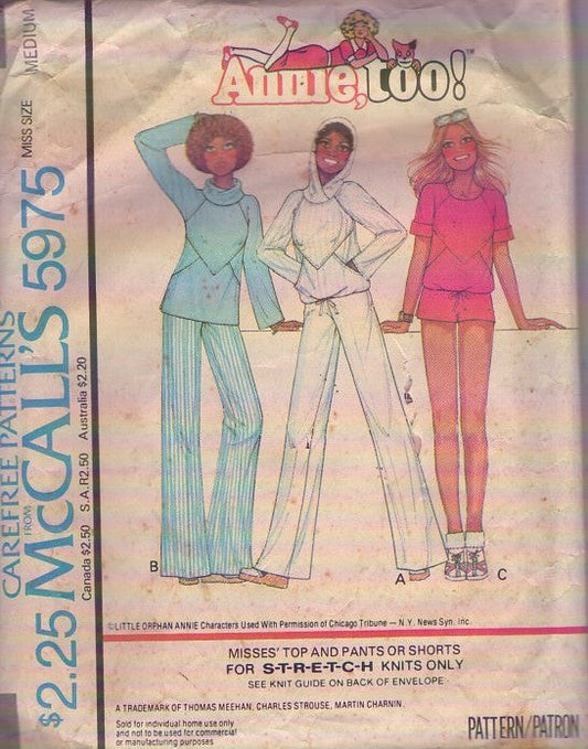 McCall's 5975 Vintage 70's Sewing Pattern Gym Separates, Annie, Too! Turtle Neck Top, Hoodie, Drawstring Shirt, Shorts, Pants Size M