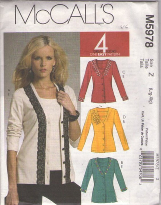 McCall's 5978 Retro 2009 Sewing Pattern Plus Size Cardigans, Tops Set, 4 Great Looks, 1 Easy Pattern 50s Look Cardigan Sweater Jacket & Top Set Size L-XL