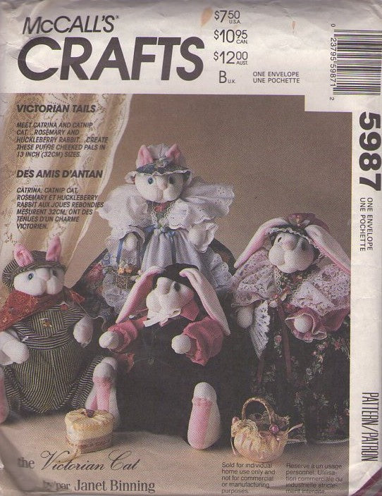 McCall's 5987 Vintage 90's Sewing Pattern Animal Crafts, Victorian Cat by Janet Binning, Stuffed Toy Doll Kitty Cats and Bunny Rabbit Doll and Victorian Style Dress, Overalls, Pants, Hat