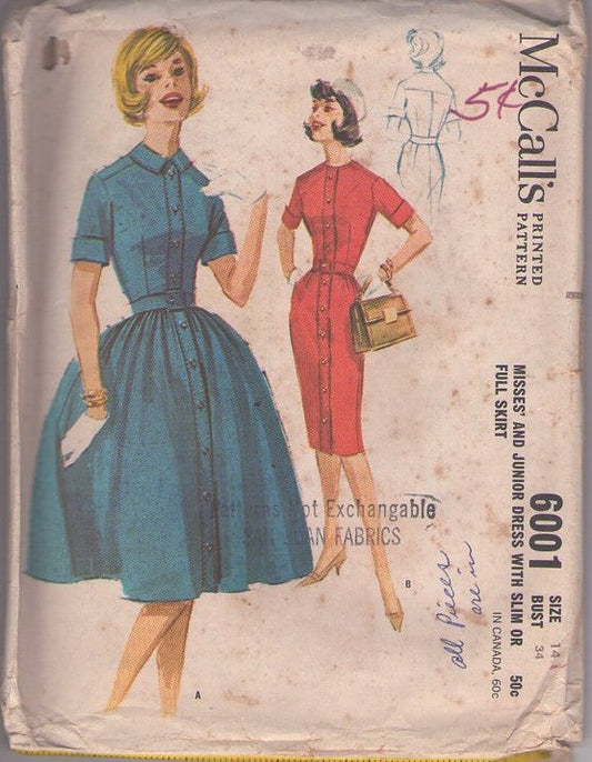 McCall's 6001 Vintage 60's Sewing Pattern Rockabilly Dress, Front Buttoned Sheath or Full Gathered Skirt Coat Dress Size 14 CUT