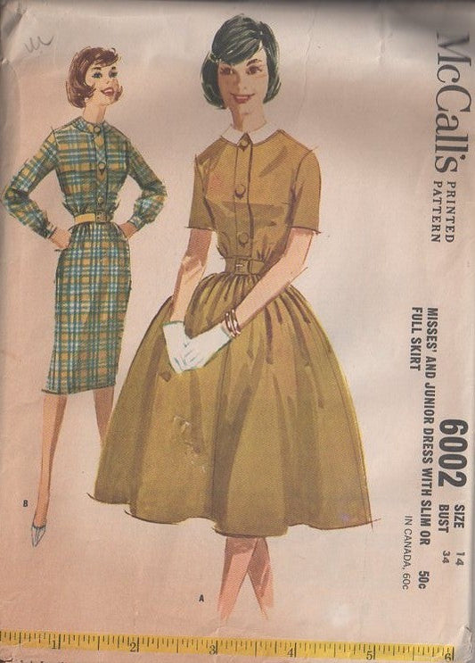 McCall's 6002 Vintage 60's Sewing Pattern Day Dress Set, Marvelous Mrs. Maisel Wide Button Band Shirtwaist Day Dress, Slim or Full Gathered Party Skirt Size 14