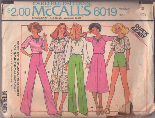 McCall's 6019 Vintage 70's Sewing Pattern Summer Separates, Blouson Raglan Sleeve Cropped Shirt, Blouse, A-Line Flared Skirt, Shorts & Pants Size 10