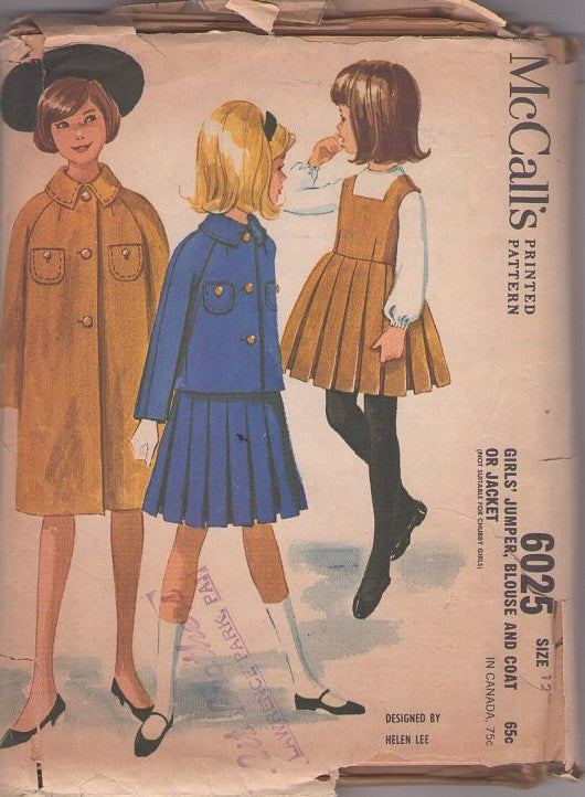 McCall's 6025 Vintage 60's Sewing Pattern Girls' Coat, Jacket, Jumper Dress, Blouse, Madeline Looks, Size 12