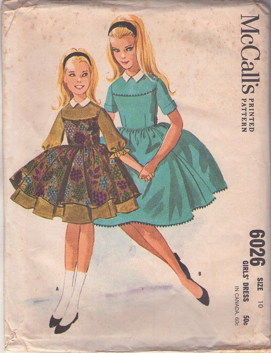 McCall's 6026 Vintage 60's Sewing Pattern Teen Girls' Dresses, Young Lady First Dance Modest Full Flared Skirt with Overskirt Party or School Dress Size 10