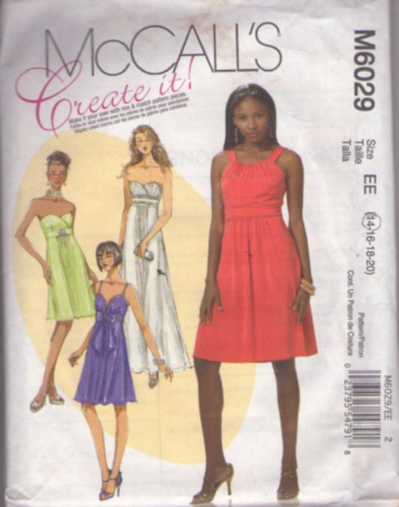 McCall's 6029 Retro 2010 Sewing Pattern Create It! Summer Beach Wedding Gown, Prom Formal, Strapless or Strappy Cocktail Party Dress Size 14