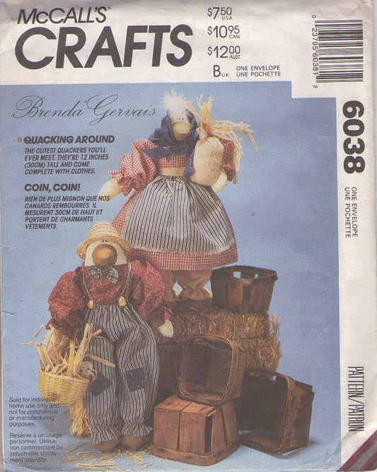 McCall's 6038 Vintage 90's Sewing Pattern Duck Crafts, Quacking Around 12" Country Duck Toy Dolls, Dress, Overalls, Shirt by Brenda Gervais