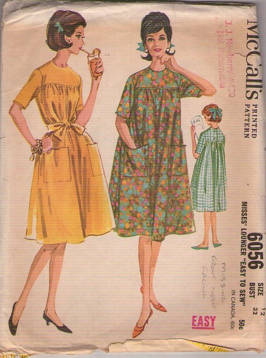 McCall's 6056 Vintage 60's Sewing Pattern Easy House Dress, Lounger, Nightgown, Day Dress Size 12