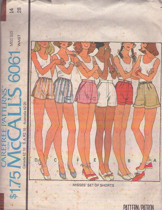 McCall's 6061 Vintage 70's Sewing Pattern Hot Pants, Disco Shorts, Fly Front, Short Shorts, 6 Styles Size 14