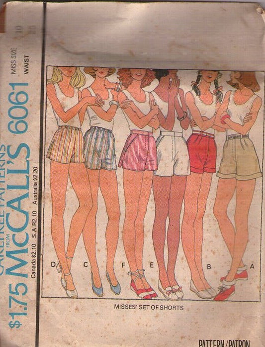 McCall's 6061 Vintage 70's Sewing Pattern Hot Pants, Disco Shorts, Fly Front, Short Shorts, 6 Styles Size 10
