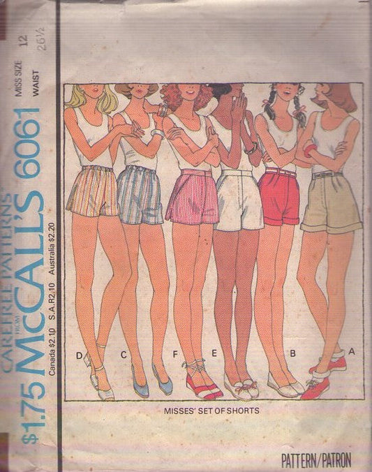 McCall's 6061 Vintage 70's Sewing Pattern Hot Pants, Disco Shorts, Fly Front, Short Shorts, 6 Styles Size 12