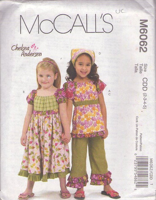 McCall's 6062 Retro 2010 Sewing Pattern Girls' Separates, Folk Art Designer Chelsea Andersen, Cottagecore Modest Patchwork Midi Dress, Smock Top Blouse, Capri Pants, Head Kerchief, Bandana Size 2-5
