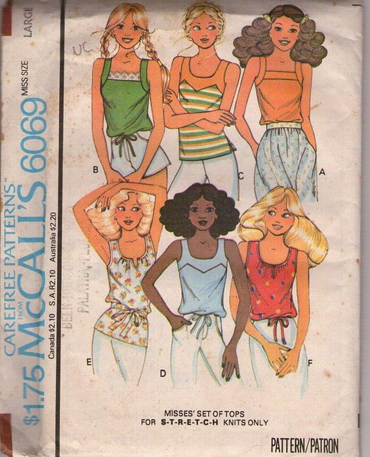 McCall's 6069 Vintage 70's Sewing Pattern Summer Tank Tops, Neckline Options, Pullover, Straight or Drawstring Waist, 6 Styles Size L