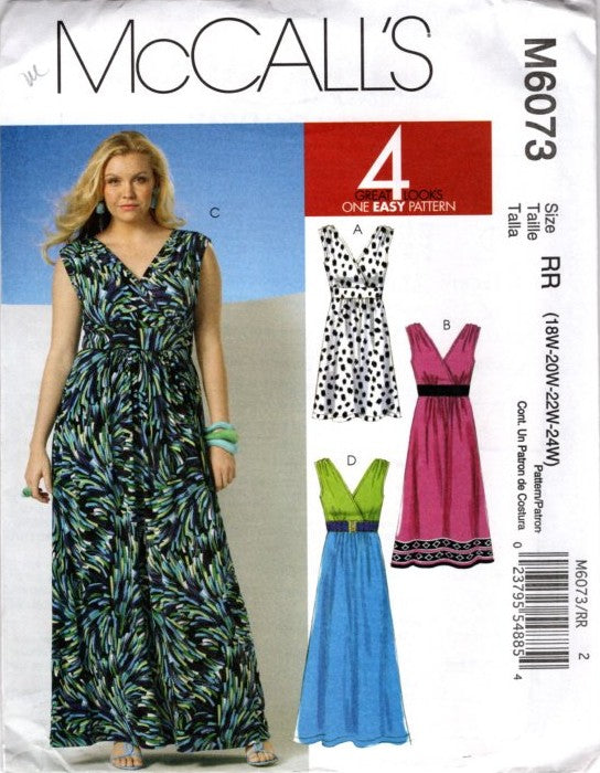 McCall's 6073 Retro 2010 Sewing Pattern Full Figure Sun Dress Set, Boho Midi or Maxi Cruise Gown, 4 Great Looks Size 18W-24W