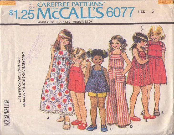 McCall's 6077 Vintage 70's Sewing Pattern Girls' Summer Separates, Flared Criss Cross Straps Top, Dress, Overalls Jumpsuit, Sun Dress, Maxi Gown Size 5