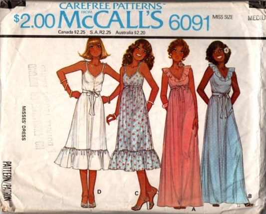 McCall's 6091 Vintage 70's Sewing Pattern Disco Sun Dress, Maxi Prom Formal Gown, Sundress Set Size M