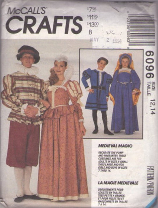 McCall's 6096 Vintage 90's Sewing Pattern Ren Fair Costumes, Haute & Freddy, Medieval Shakespeare Magic Teen Kids' Ren Faire King Robe, Jacket, Shirt, Gown, Head Piece Size Teen 12-14