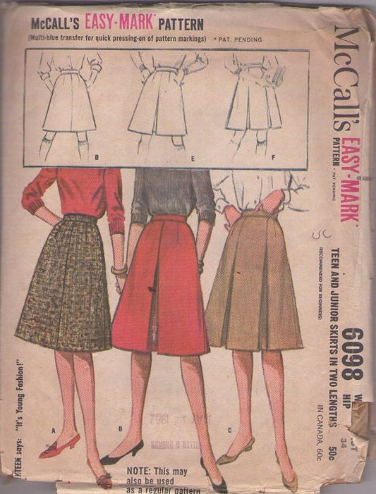 McCall's 6098 Vintage 60's Sewing Pattern Easy Cone Skirts, Teen & Juniors 4 Gore Cone Skirt 3 Styles 2 Lengths Size 25T
