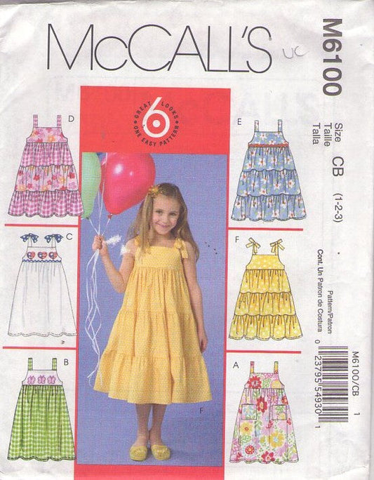 McCall's 6100 Retro 2010 Sewing Pattern Girls' Dress Set, 6 Great Looks 1 Easy Pattern, Cottagecore Summer Sundress Sun Dress Set 6 Styles Size 1-3