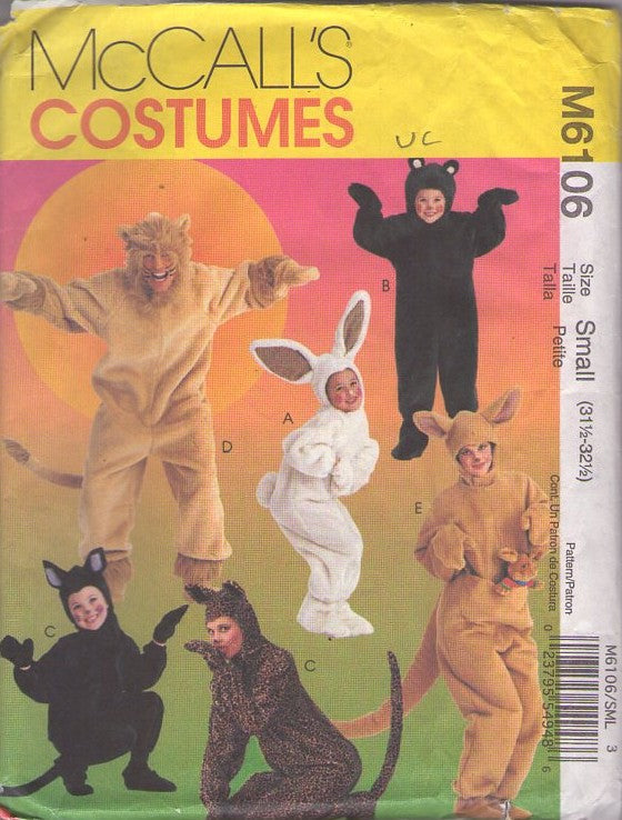 McCall's 6106 Retro 2000 Sewing Pattern Animal Costumes, Faux Fur Halloween Jumpsuits, Hood, Cat, Bear, Bunny, Kangaroo  Adult Size S