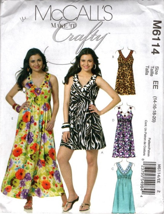 McCall's 6114 Retro 2010 Sewing Pattern Make It Crafty Sun Dress, V Neck Summer Mini or Maxi Cruise Sundress, 5 Styles Size 14-20