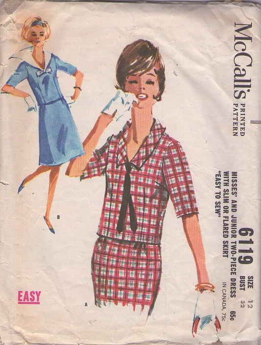 McCall's 6119 Vintage 60's Sewing Pattern Secretary Separates, Easy to Sew, Mad Men Flat or Sailor Collar Blouse Top, A-Line or Sheath Pencil Skirt, 2 Piece Dress Size 12